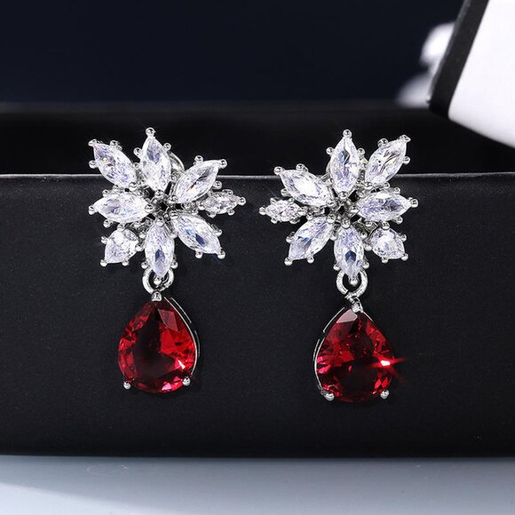 🔥NEW Water Drop Ruby💎 Moissanite look Leafy Pear Cut Dangle Earring, GPMB1412 - Picture 7 of 7